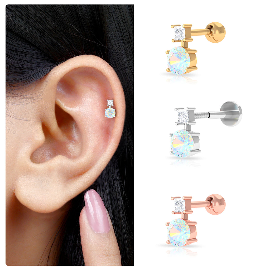 Round Ethiopian Opal Two Stone Helix Earring with Diamond Ethiopian Opal - ( AAA ) - Quality - Rosec Jewels