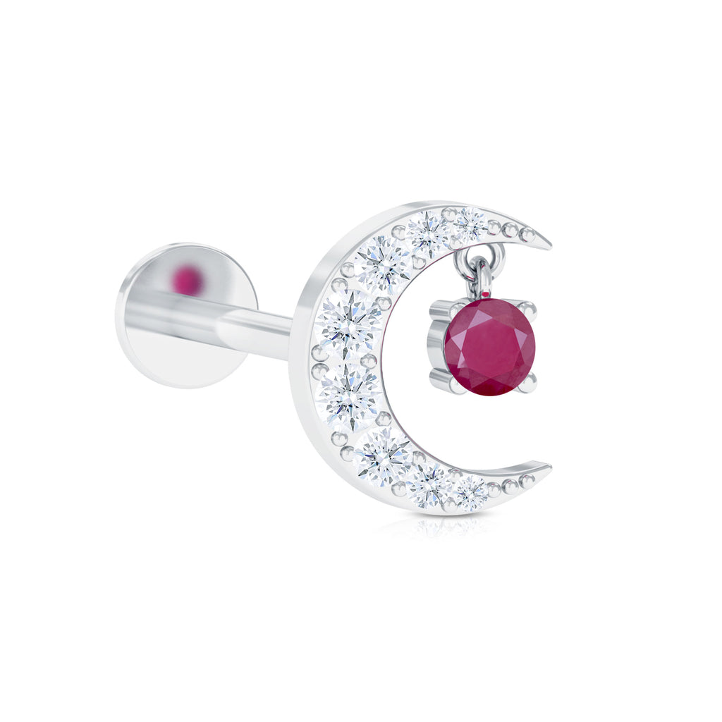 Natural Red Ruby Crescent Moon Helix Earring with Moissanite Ruby - ( AAA ) - Quality - Rosec Jewels