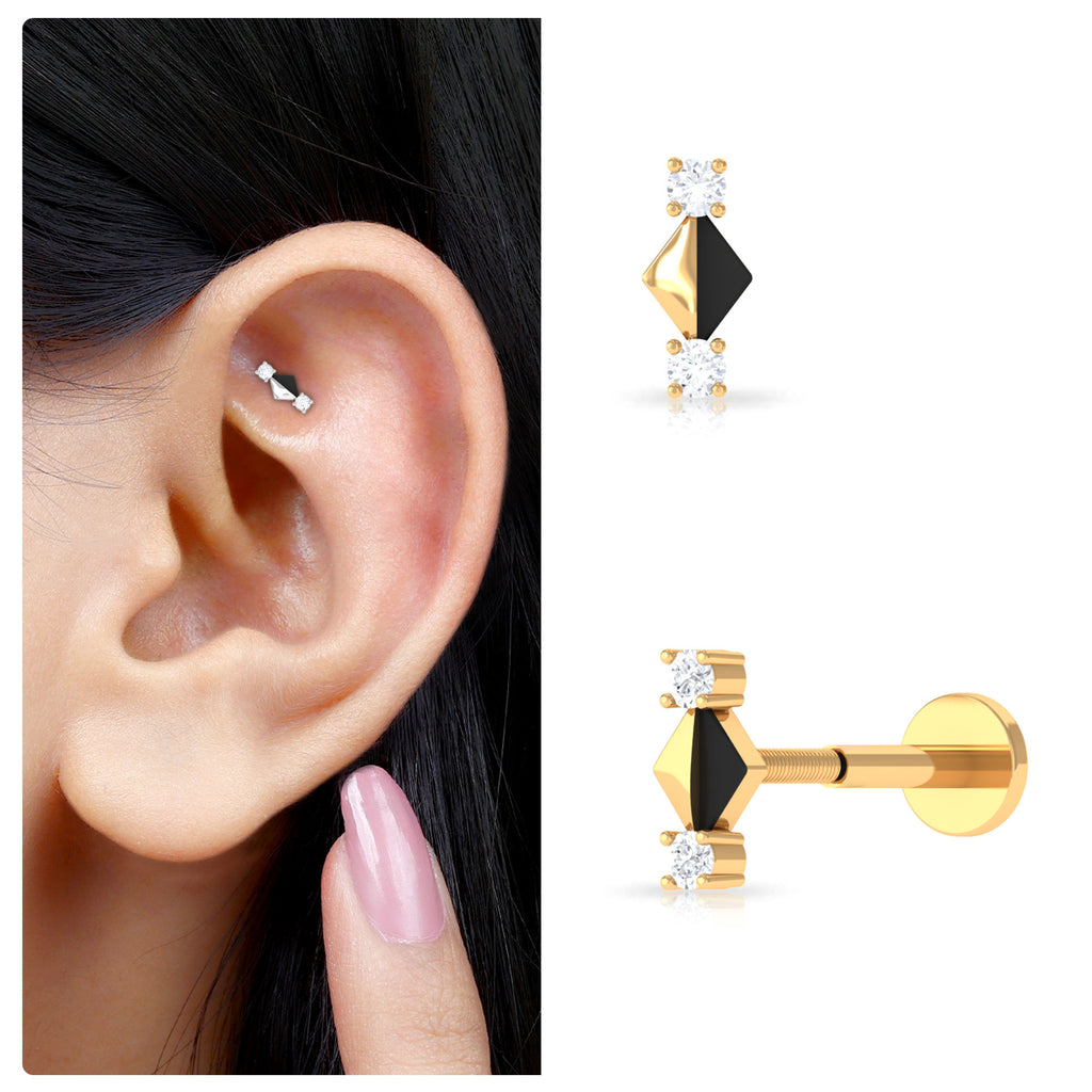 Real Diamond Quirky Tragus Earring with Black Enamel Diamond - ( HI-SI ) - Color and Clarity - Rosec Jewels