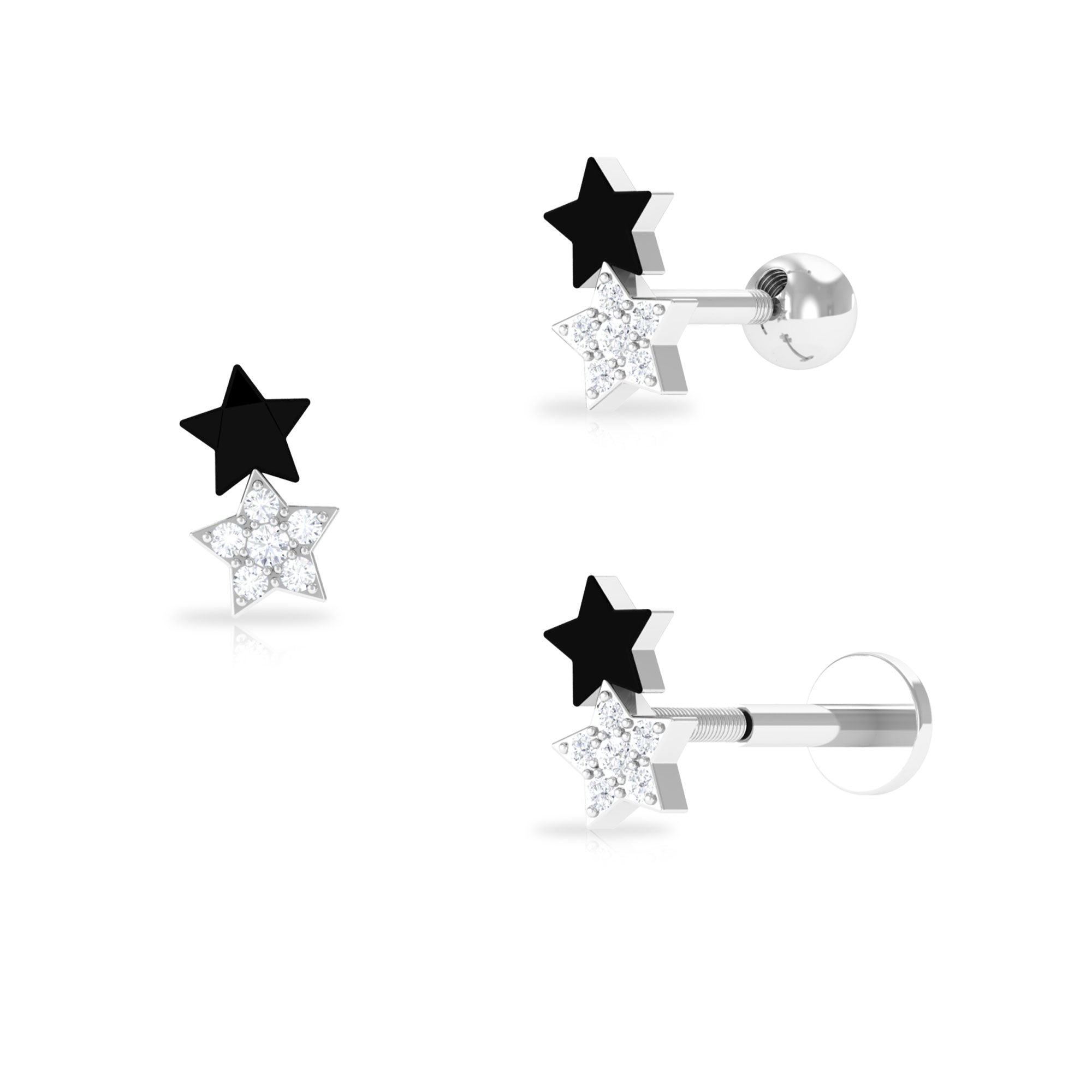 Unique Diamond Star Cartilage Earring with Black Enamel Diamond - ( HI-SI ) - Color and Clarity - Rosec Jewels