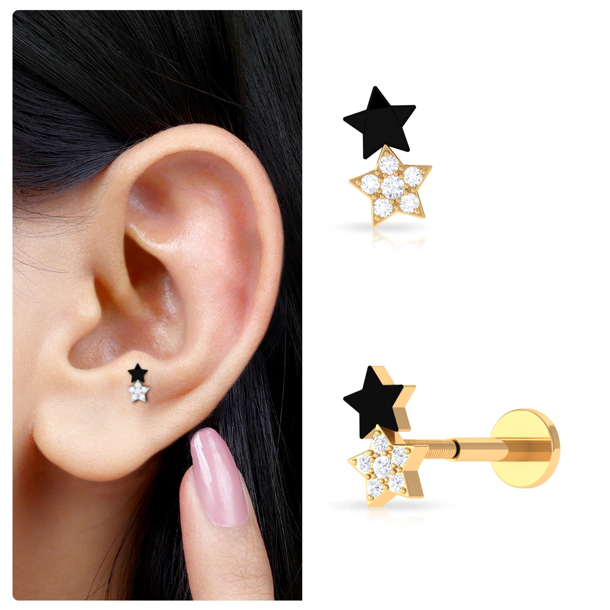 Unique Diamond Star Cartilage Earring with Black Enamel Diamond - ( HI-SI ) - Color and Clarity - Rosec Jewels
