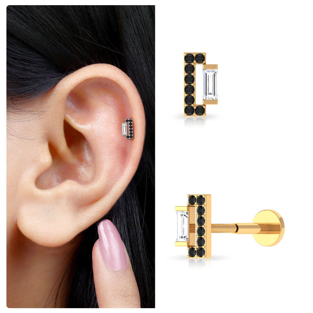 Baguette Moissanite Tragus Earring with Black Diamond Black Diamond - ( AAA ) - Quality - Rosec Jewels