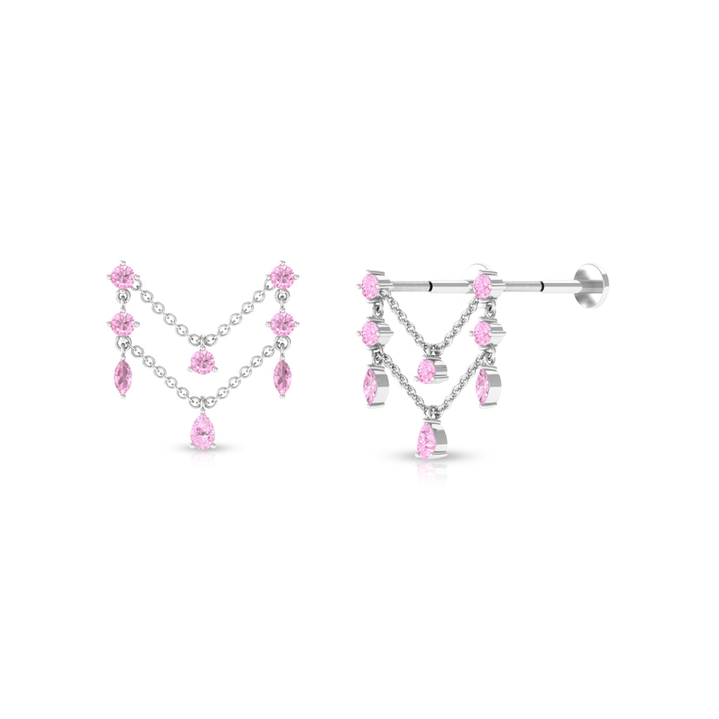 Natural Pink Sapphire Chain Double Piercing Earring Pink Sapphire - ( AAA ) - Quality - Rosec Jewels