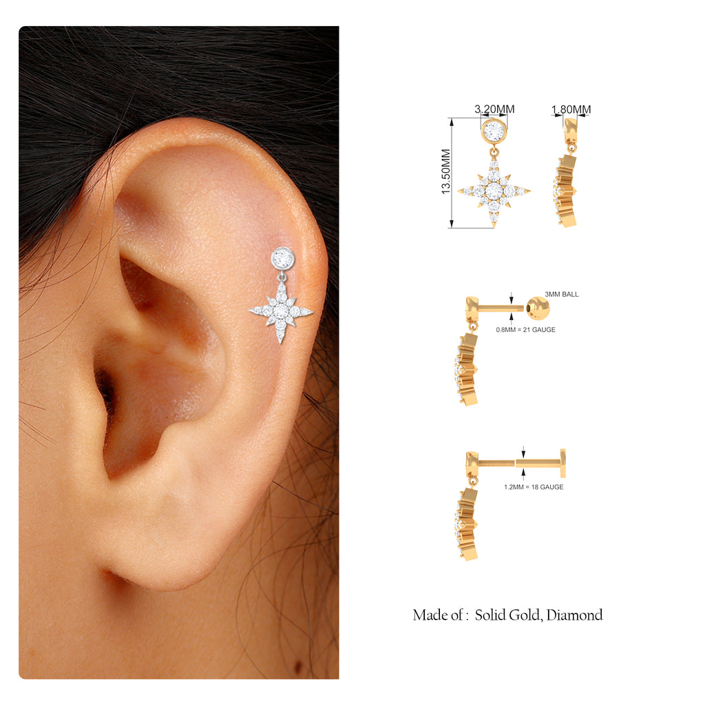 Moissanite Starburst Drop Earring for Cartilage Piercing Moissanite - ( D-VS1 ) - Color and Clarity - Rosec Jewels