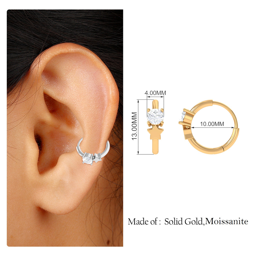 Round Moissanite Star Cartilage Hoop Earring Moissanite - ( D-VS1 ) - Color and Clarity - Rosec Jewels