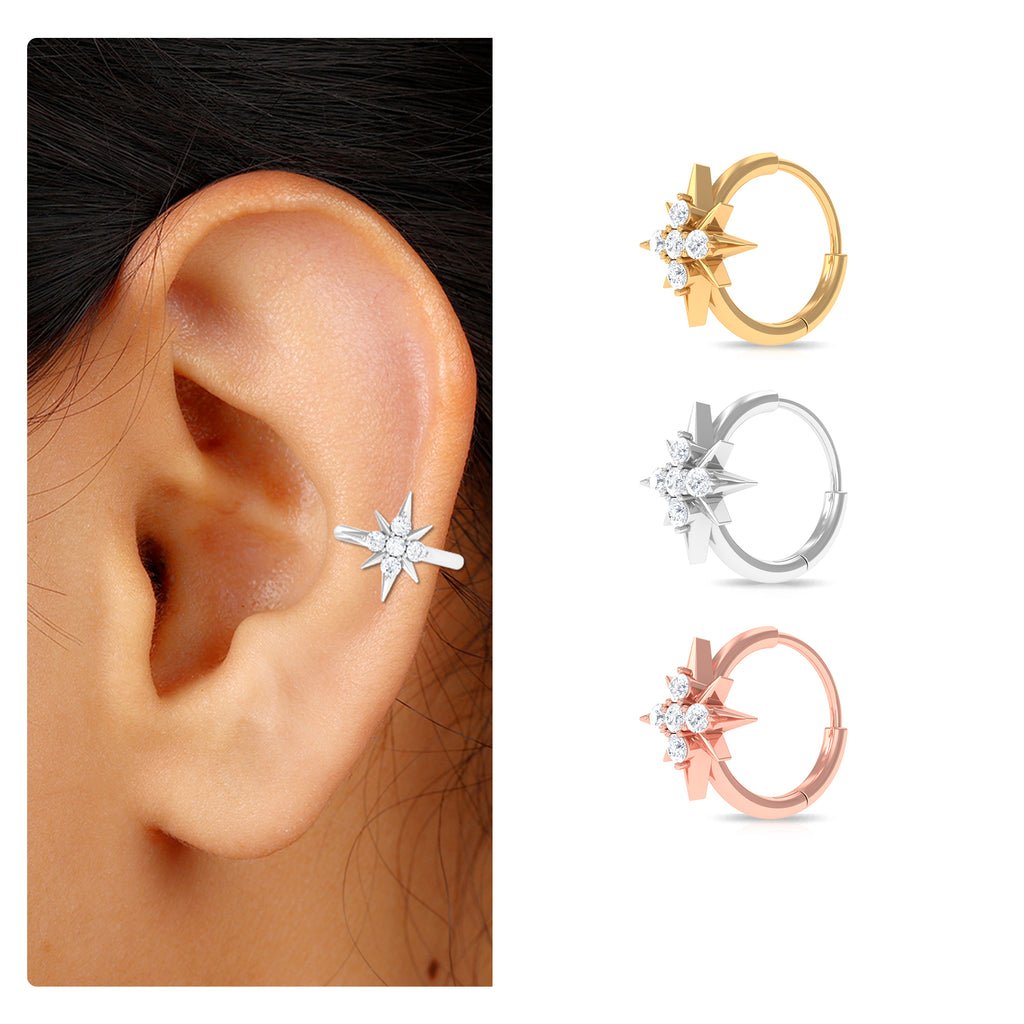 Moissanite Starburst Cartilage Hoop Earring Moissanite - ( D-VS1 ) - Color and Clarity - Rosec Jewels