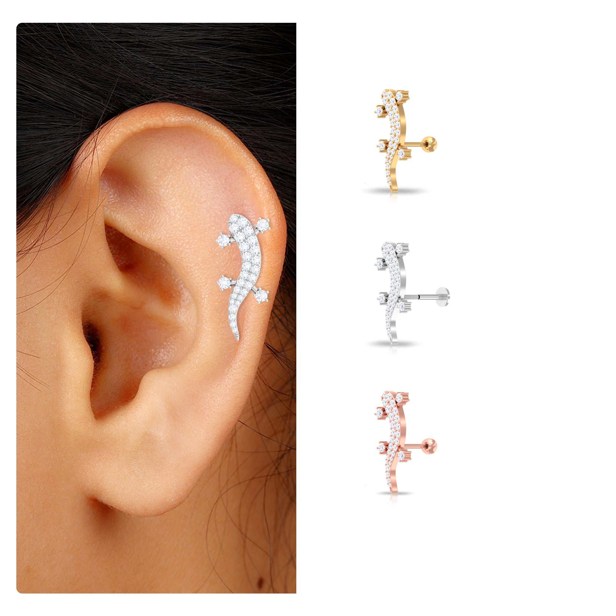 Certified Moissanite Lizard Crawler Earring for Helix Piercing Moissanite - ( D-VS1 ) - Color and Clarity - Rosec Jewels