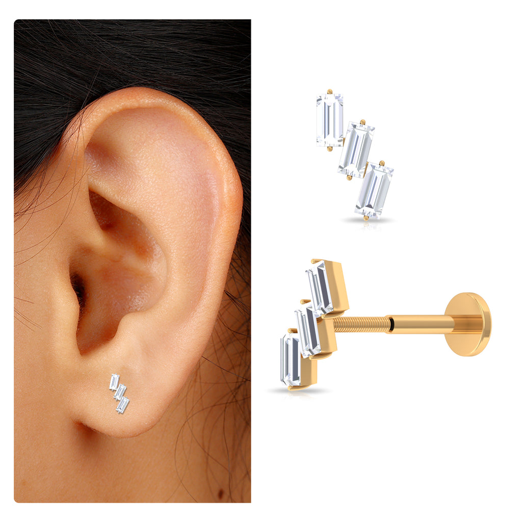 Baguette Cut Moissanite 3 Stone Earring for Helix Piercing Moissanite - ( D-VS1 ) - Color and Clarity - Rosec Jewels