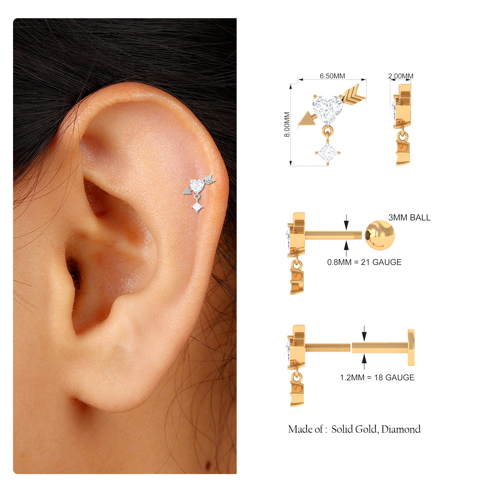 Heart and Arrow Moissanite Earring for Cartilage Piercing Moissanite - ( D-VS1 ) - Color and Clarity - Rosec Jewels