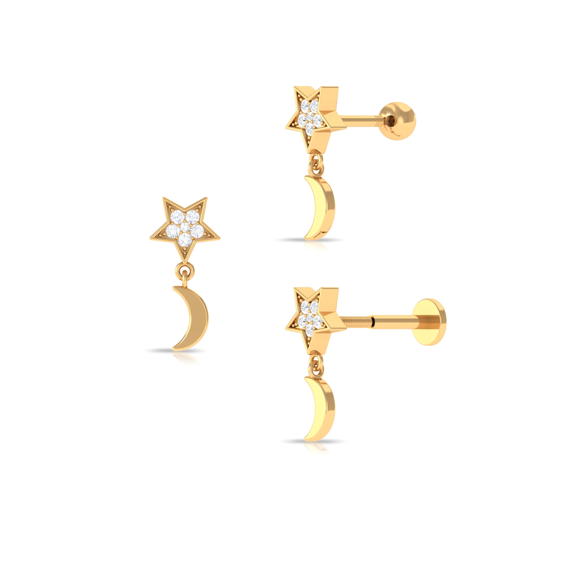 Moissanite Moon and Star Dangle Earring in Gold Moissanite - ( D-VS1 ) - Color and Clarity - Rosec Jewels