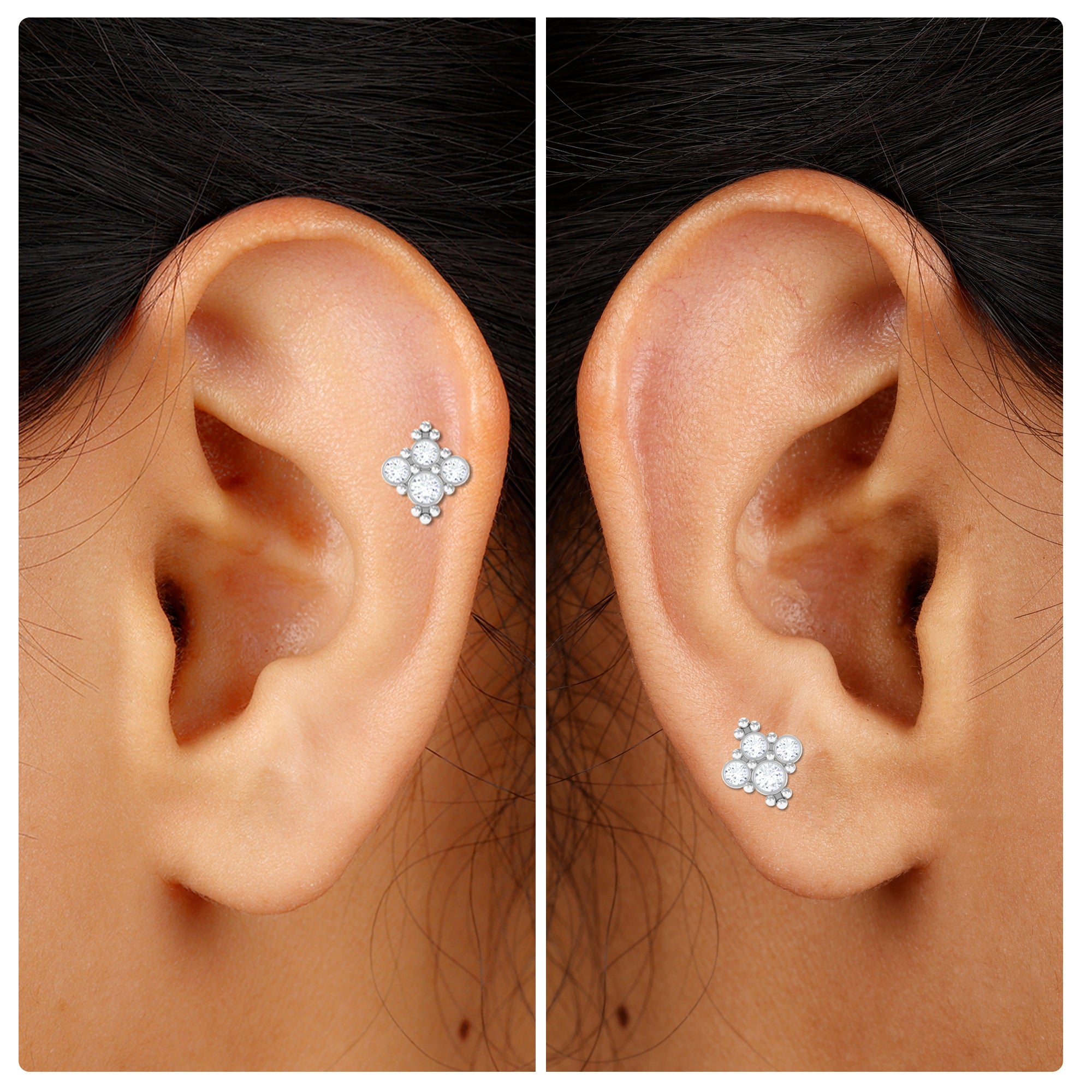 Moissanite Cluster Tragus Earring with Gold Beads Moissanite - ( D-VS1 ) - Color and Clarity - Rosec Jewels