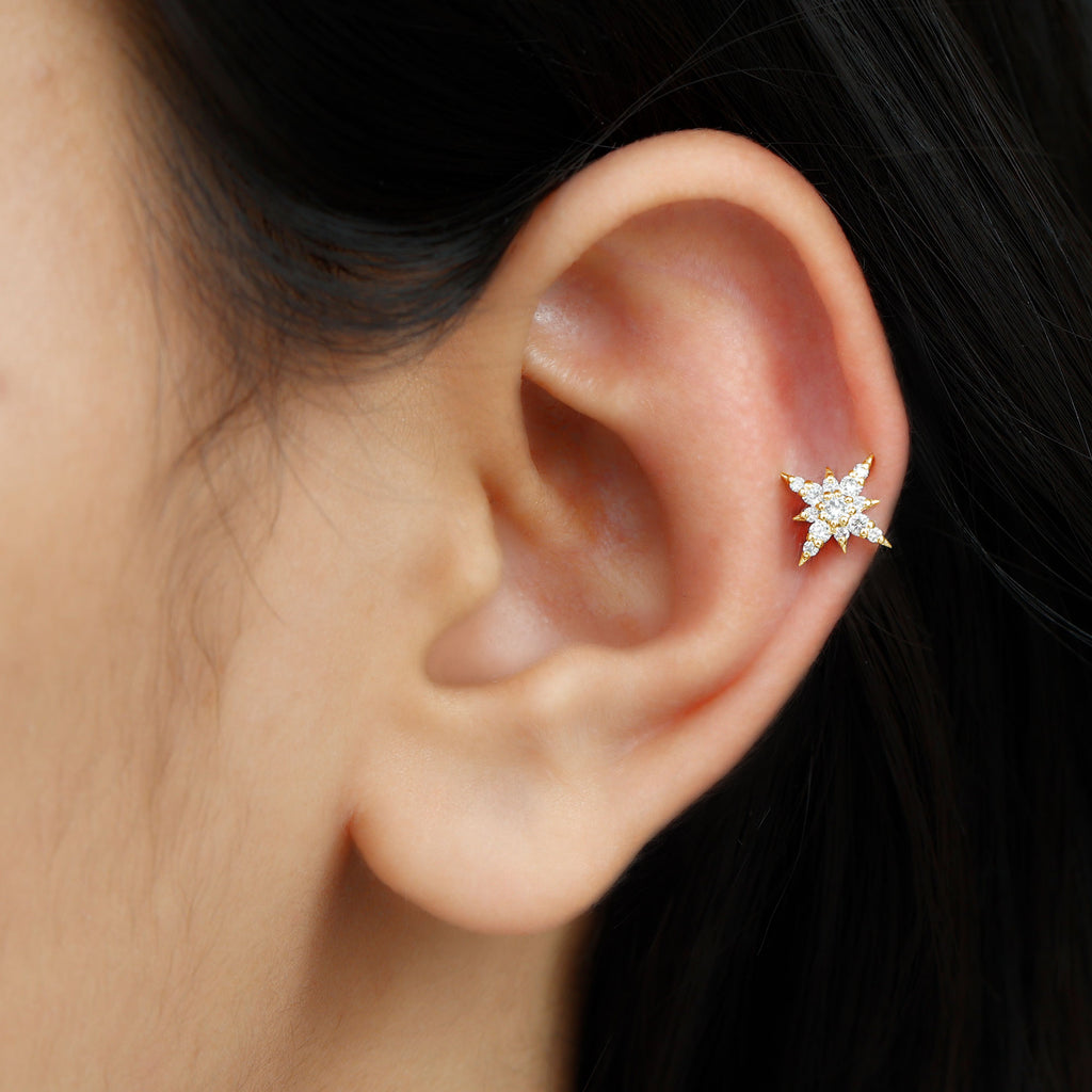 Moissanite Starburst Cartilage Earring in Gold Moissanite - ( D-VS1 ) - Color and Clarity - Rosec Jewels