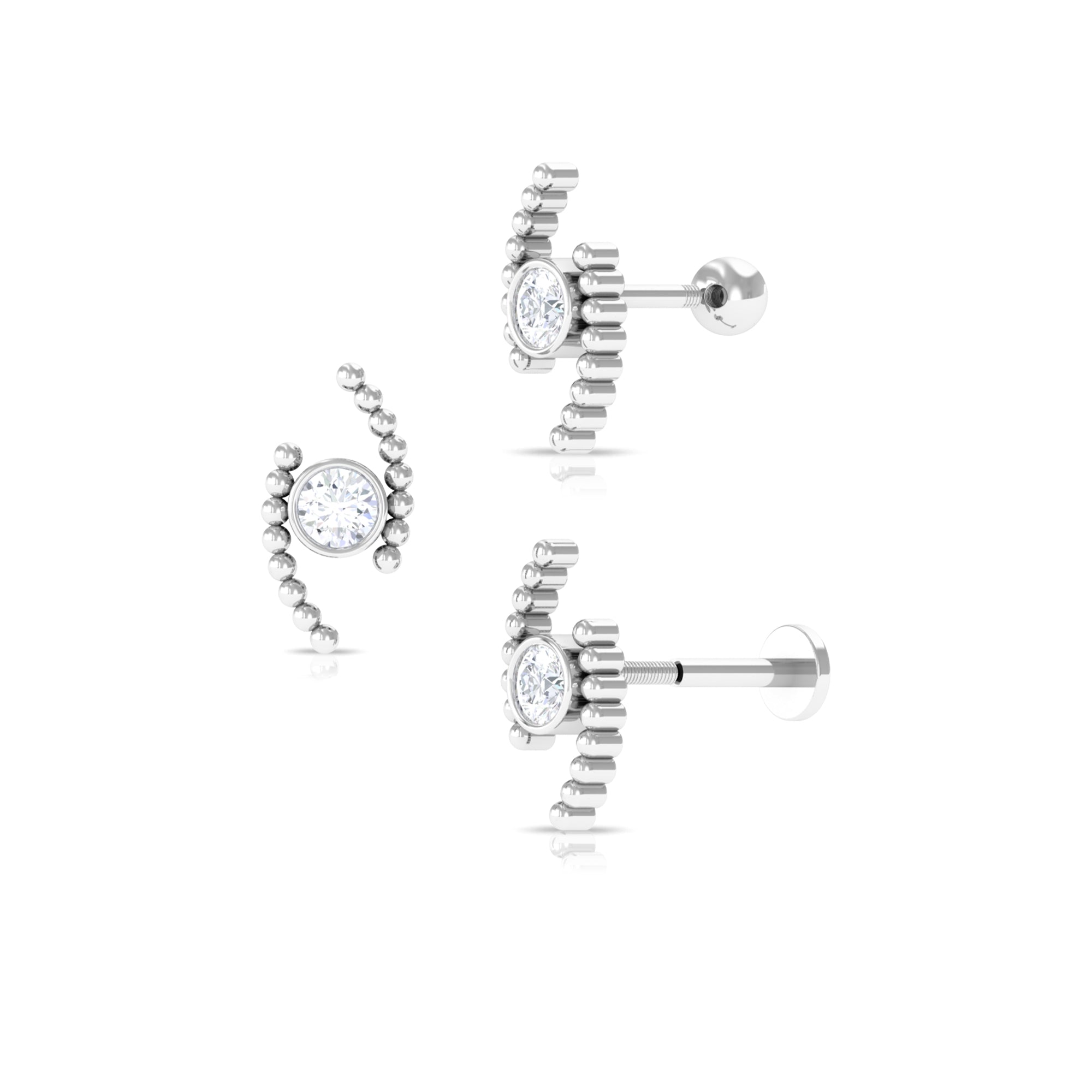 Round Moissanite Cartilage Earring with Gold Beads Moissanite - ( D-VS1 ) - Color and Clarity - Rosec Jewels