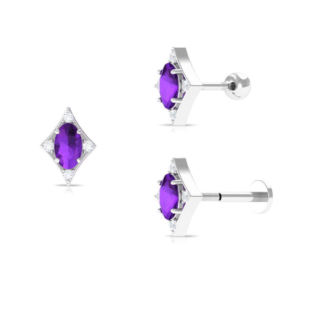 Oval Natural Amethyst Geometric Tragus Earring with Moissanite Amethyst - ( AAA ) - Quality - Rosec Jewels