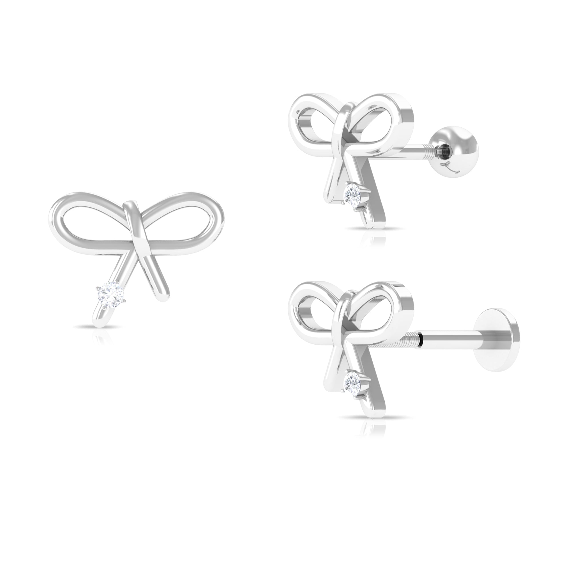 Natural Diamond Bow Earring for Cartilage Piercing Diamond - ( HI-SI ) - Color and Clarity - Rosec Jewels