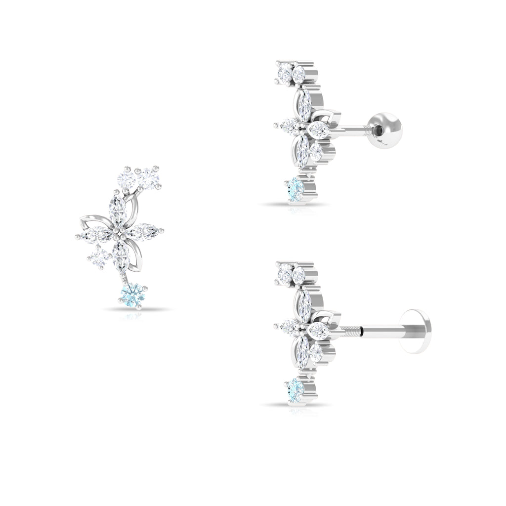 Real Aquamarine and Moissanite Flower Crawler Earring Aquamarine - ( AAA ) - Quality - Rosec Jewels