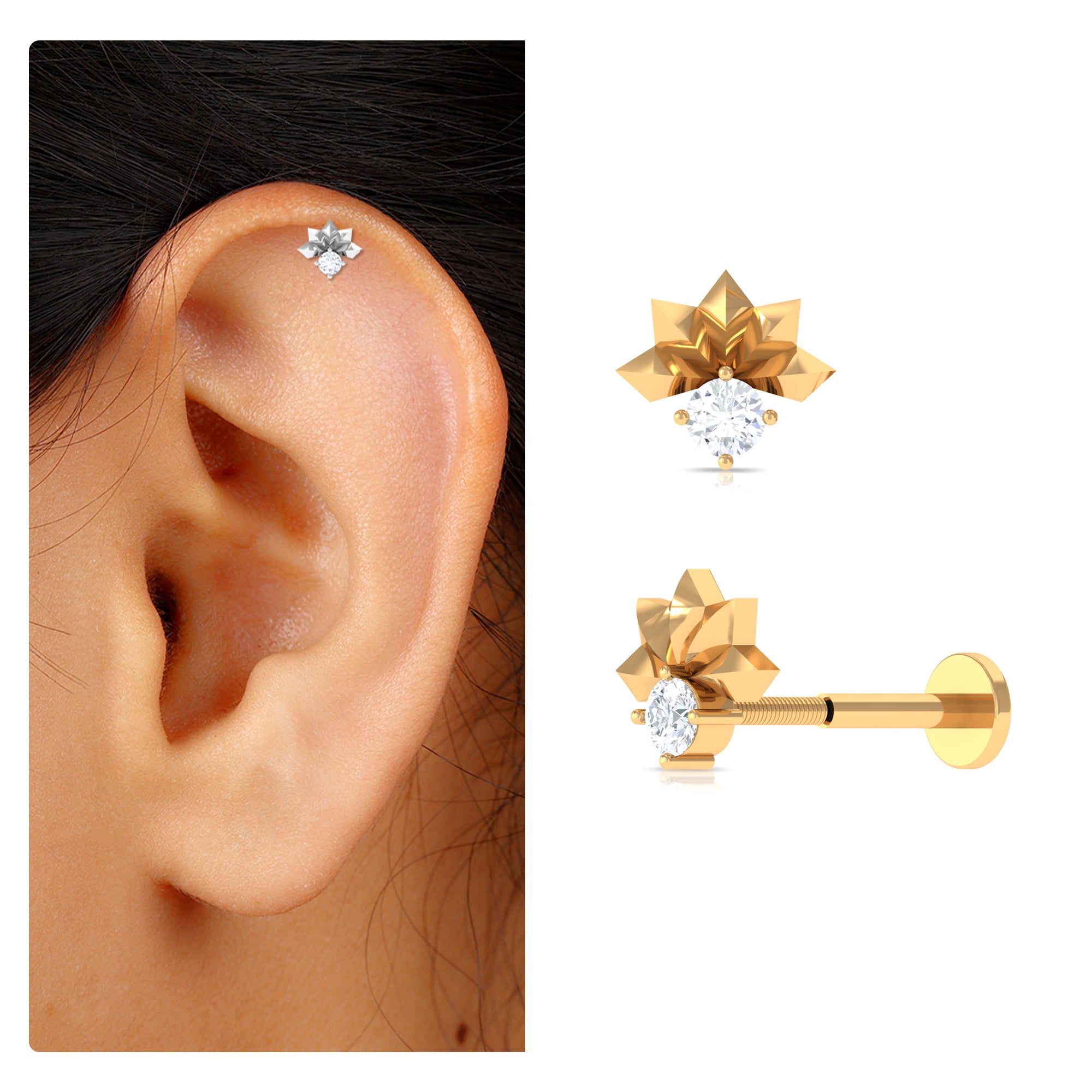 Real Round Diamond Floral Cartilage Earring Diamond - ( HI-SI ) - Color and Clarity - Rosec Jewels