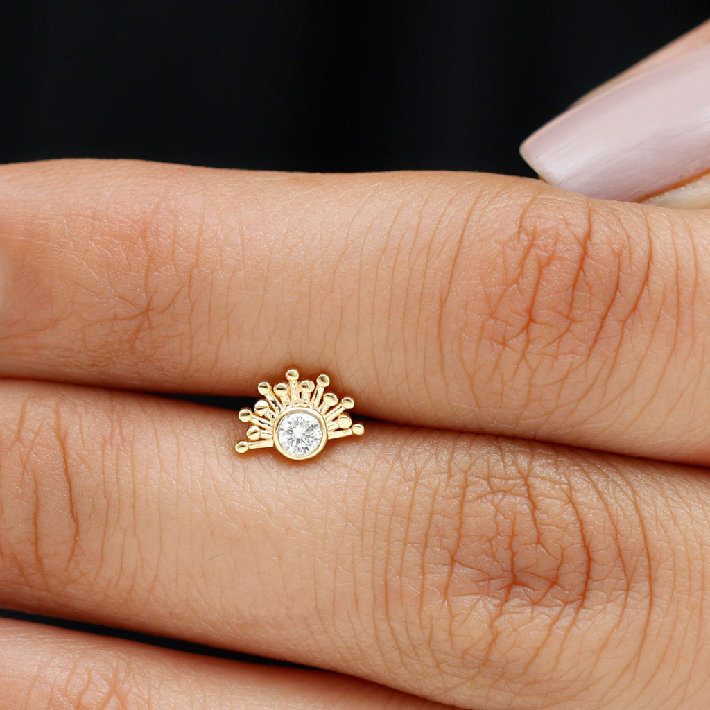 Bezel Set Diamond Gold Sunburst Earring for Helix Piercing Diamond - ( HI-SI ) - Color and Clarity - Rosec Jewels