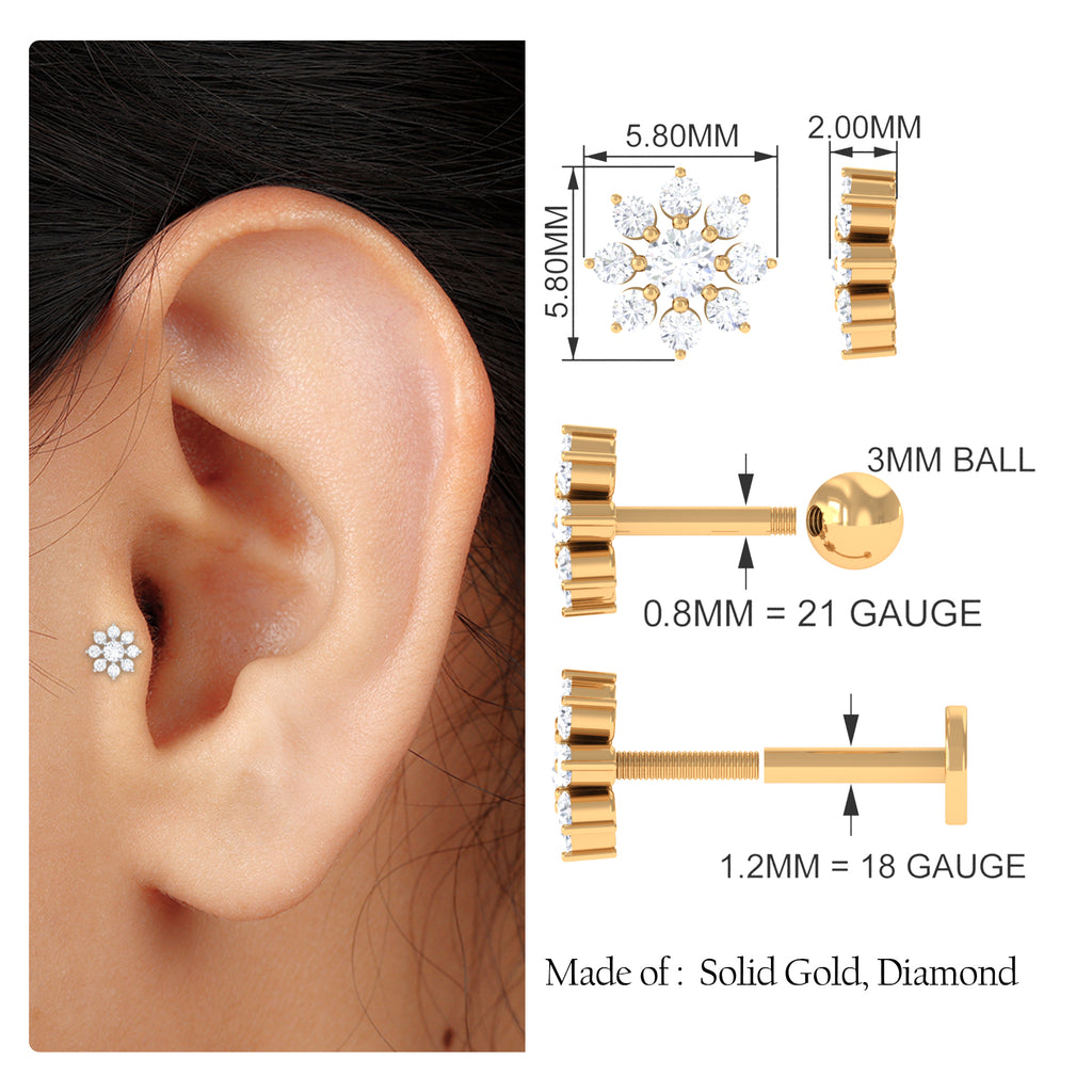 Minimalist Moissanite Flower Cartilage Earring Moissanite - ( D-VS1 ) - Color and Clarity - Rosec Jewels