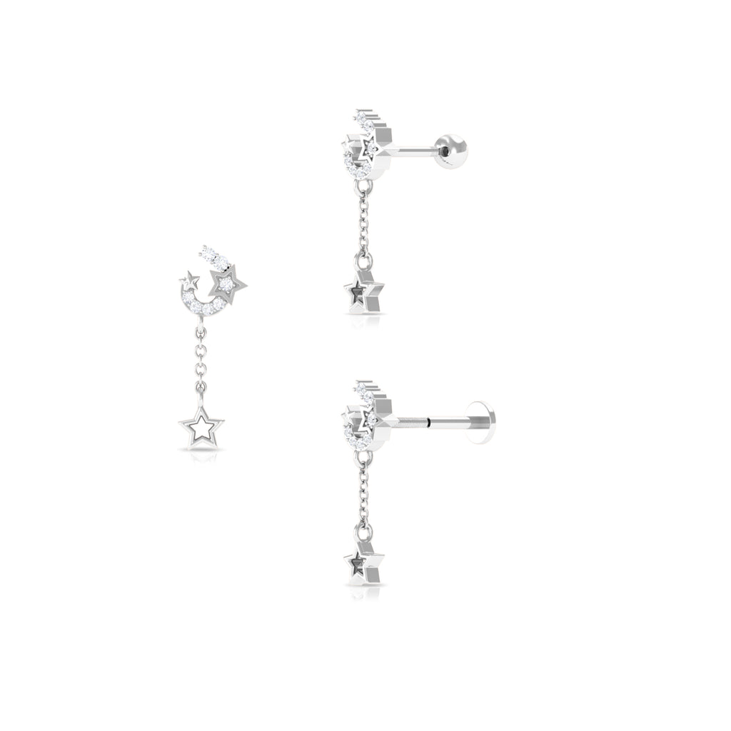Moissanite Moon and Star Chain Drop Earring for Helix Piercing Moissanite - ( D-VS1 ) - Color and Clarity - Rosec Jewels