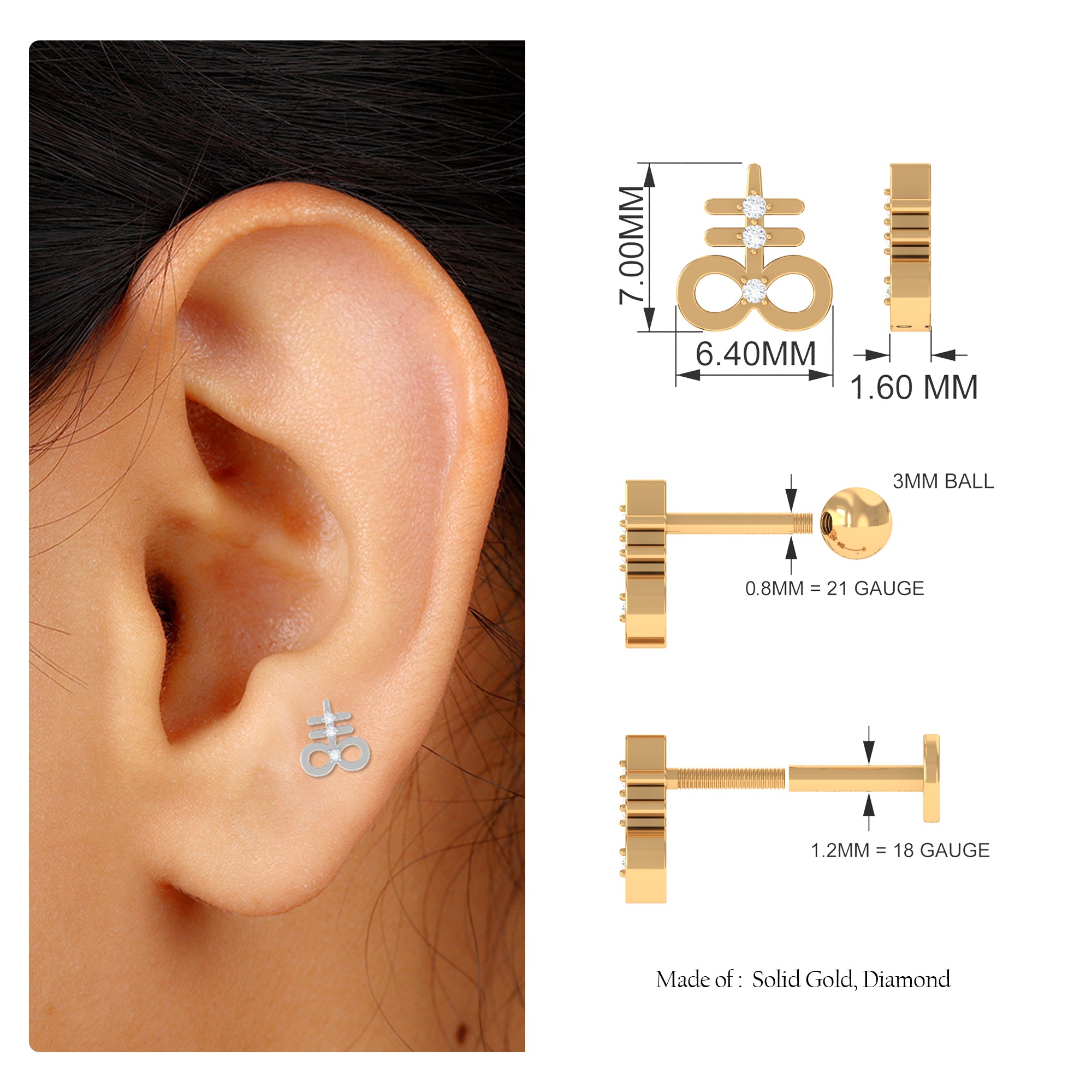 Unique Diamond Key Earring for Cartilage Piercing Diamond - ( HI-SI ) - Color and Clarity - Rosec Jewels