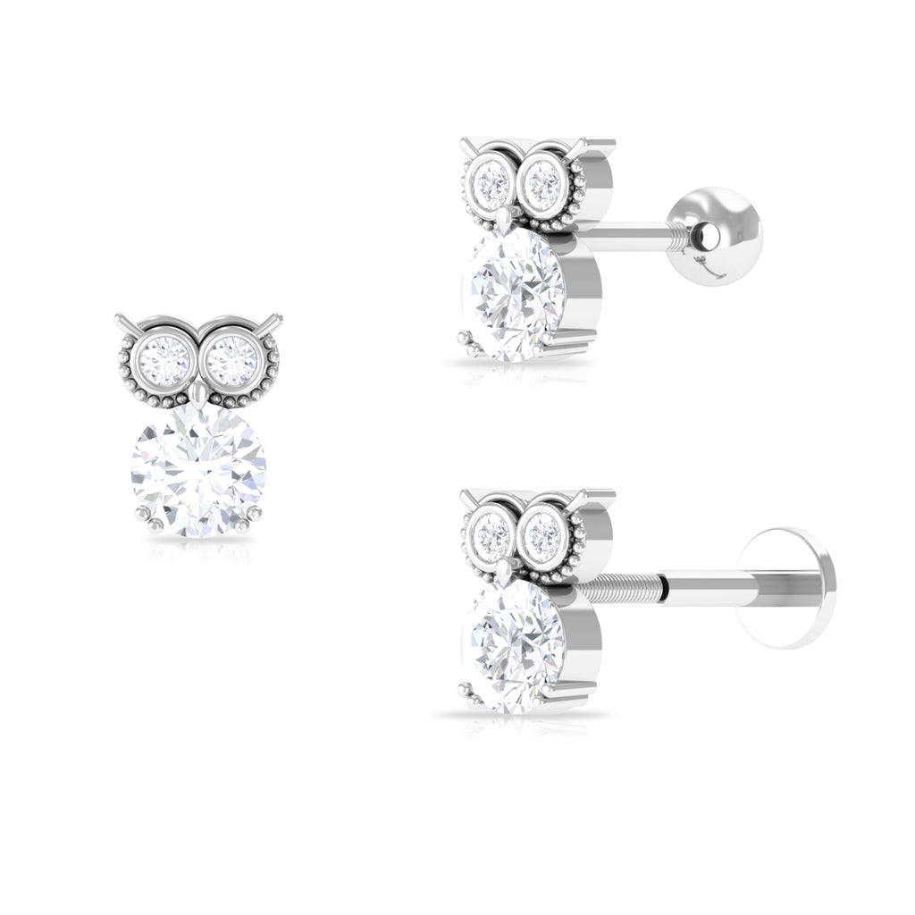 Round Cut Moissanite Owl Earring for Cartilage Piercing Moissanite - ( D-VS1 ) - Color and Clarity - Rosec Jewels