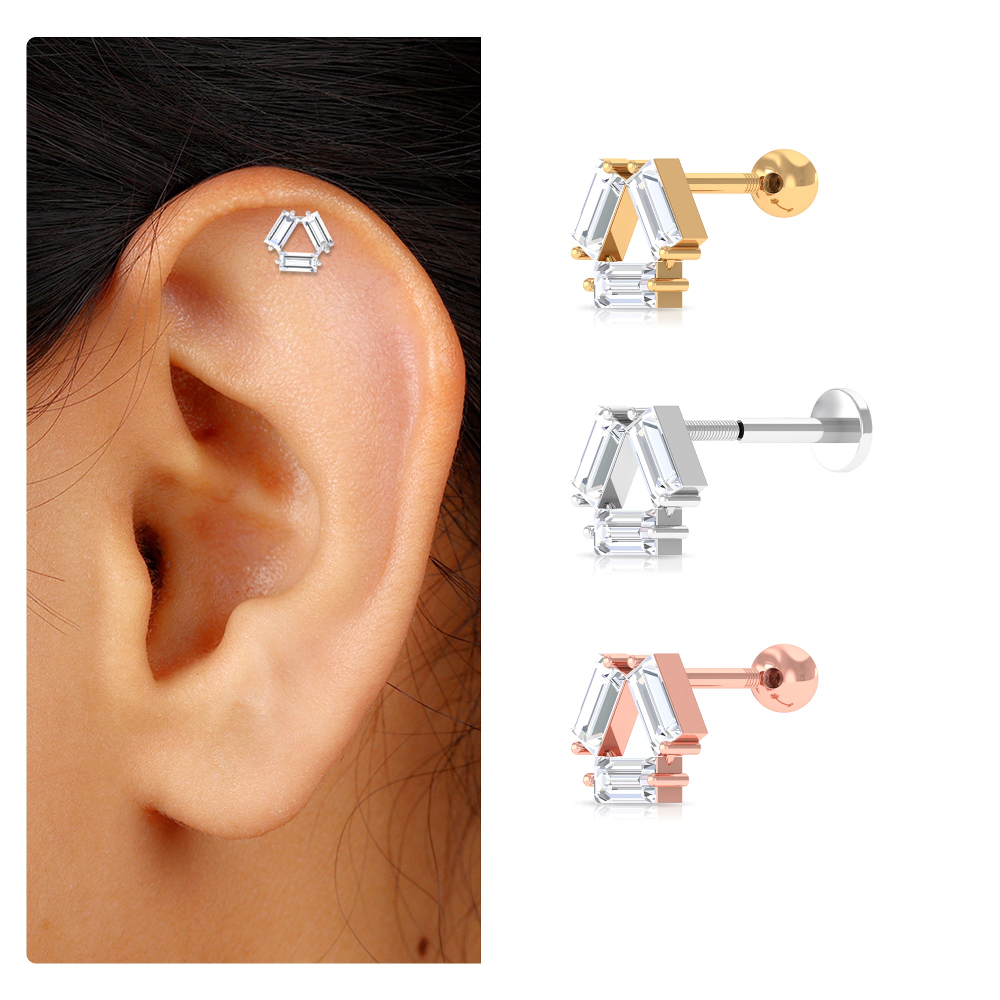 Three Stone Baguette Moissanite Simple Conch Earring Moissanite - ( D-VS1 ) - Color and Clarity - Rosec Jewels