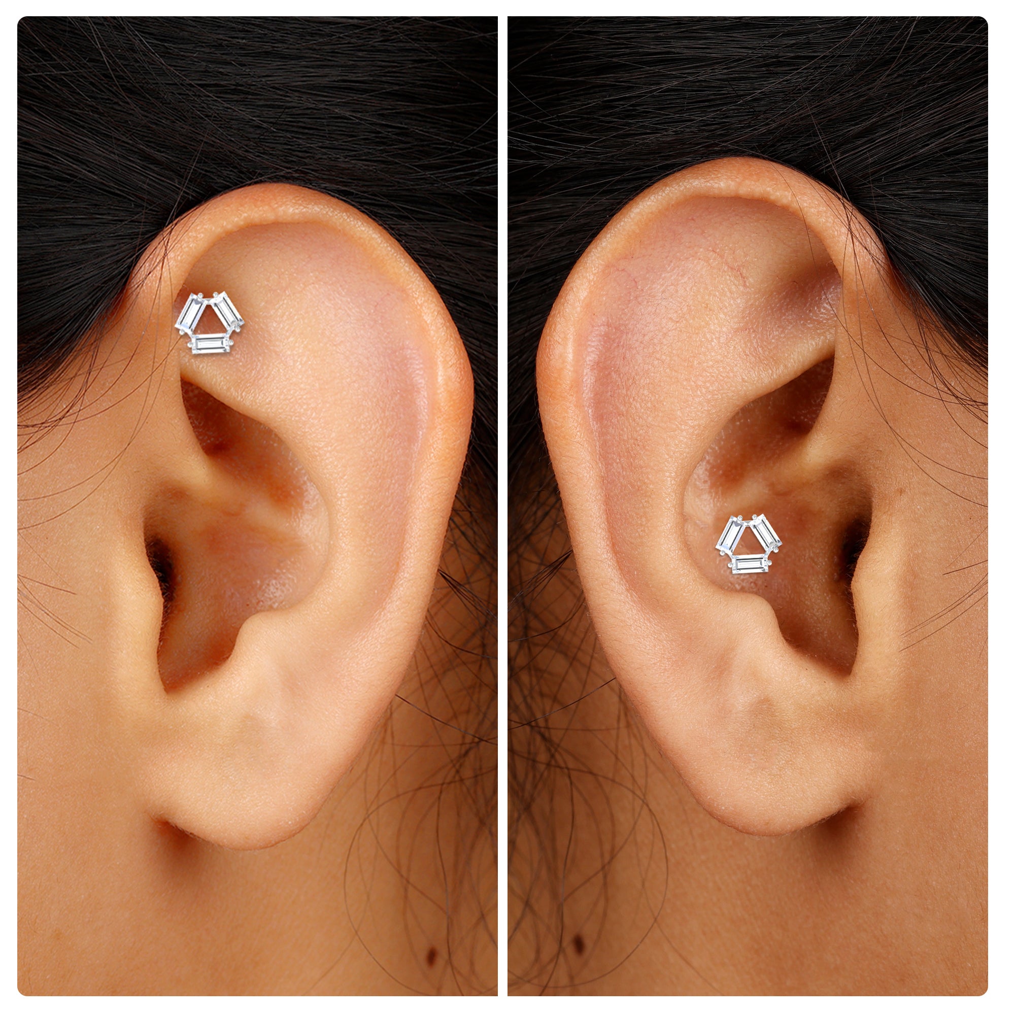 Three Stone Baguette Moissanite Simple Conch Earring Moissanite - ( D-VS1 ) - Color and Clarity - Rosec Jewels