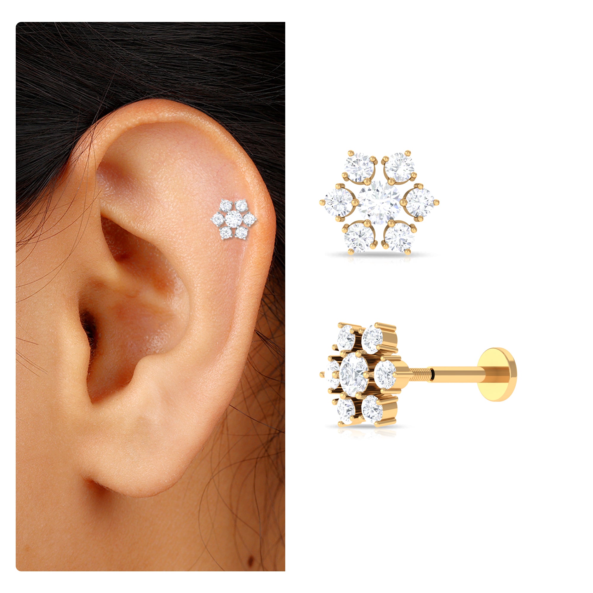 Round Cut Moissanite Cluster Floral Cartilage Earring Moissanite - ( D-VS1 ) - Color and Clarity - Rosec Jewels