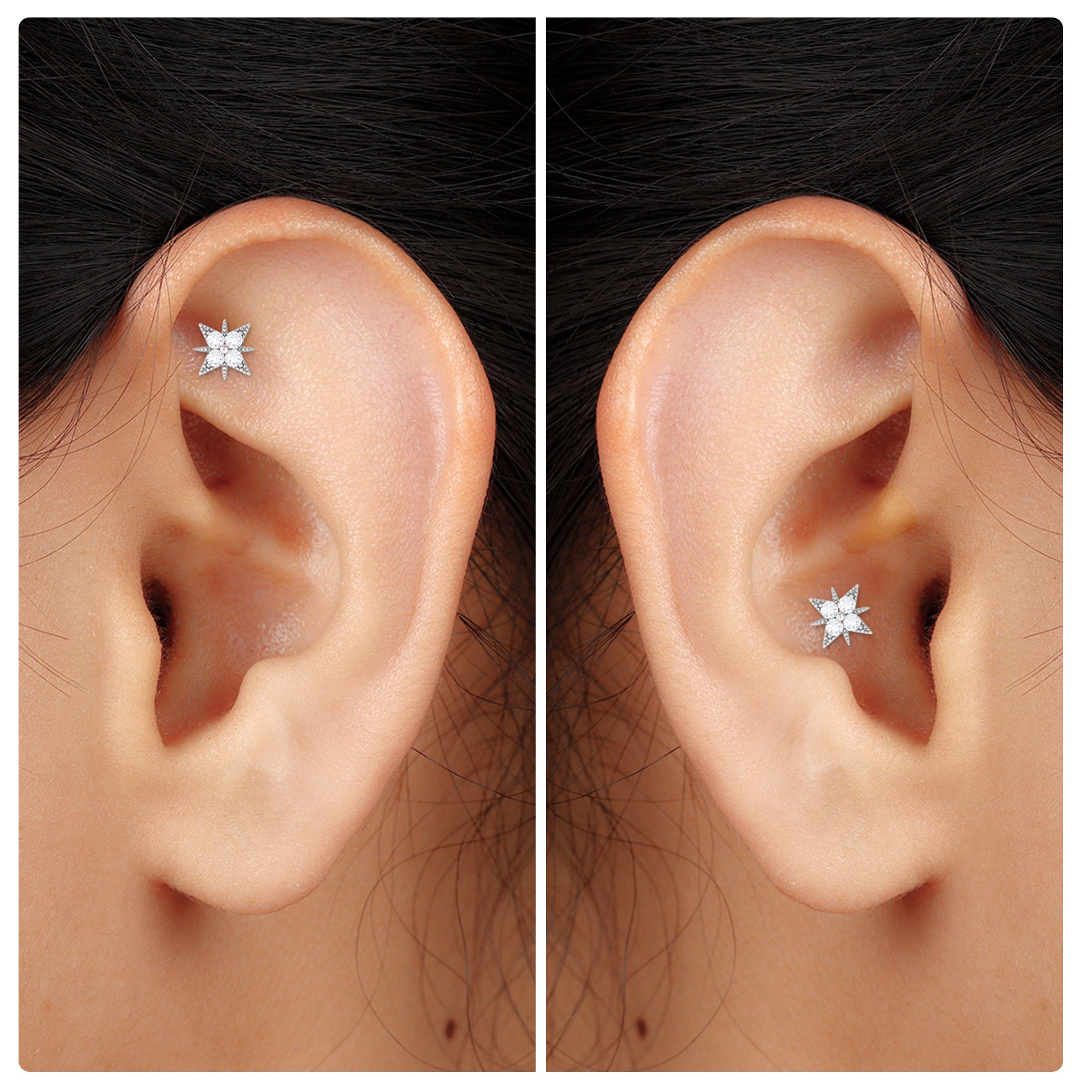 Round Moissanite Starburst Earring for Upper Lobe Piercing Moissanite - ( D-VS1 ) - Color and Clarity - Rosec Jewels