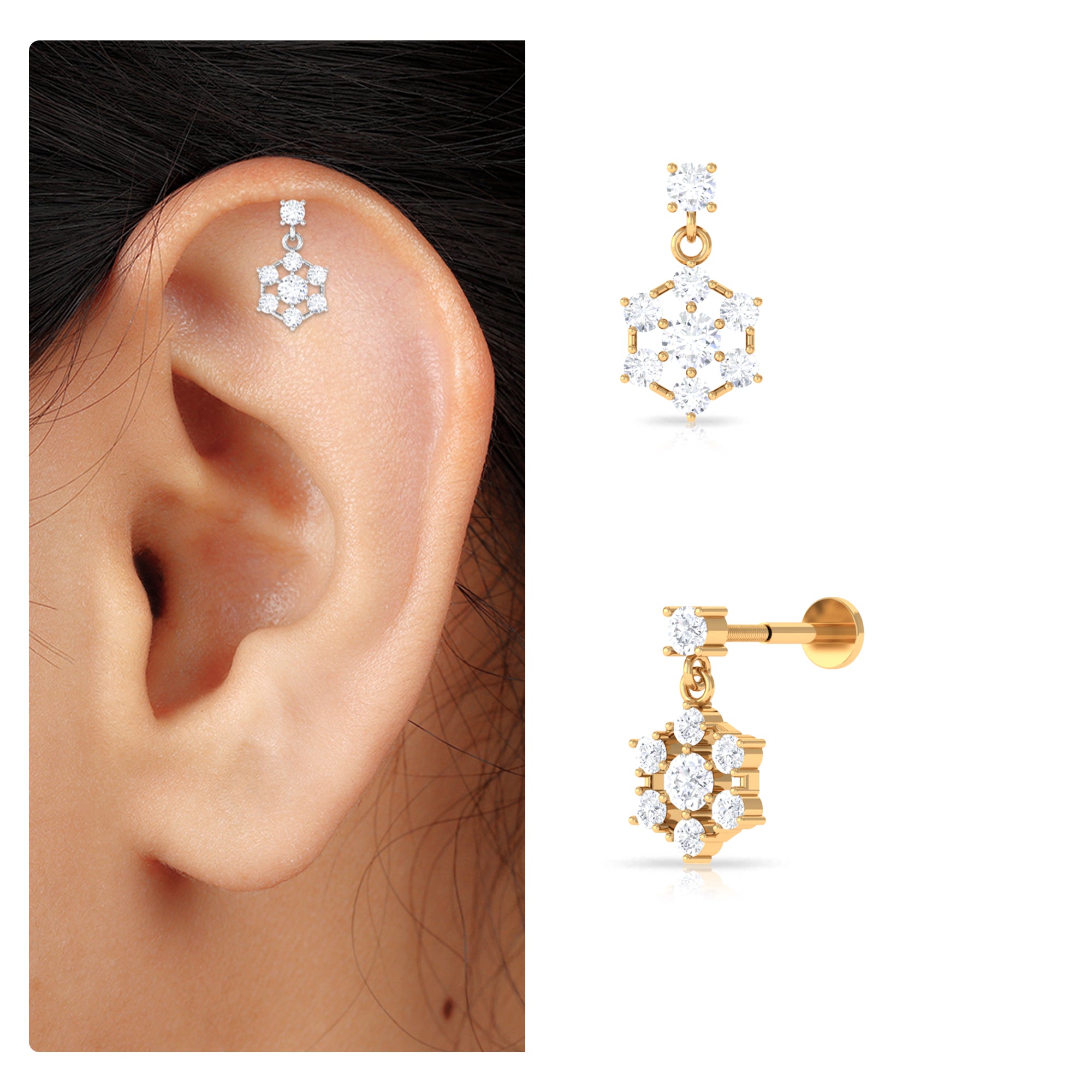 Moissanite Flower Drop Earring for Cartilage Piercing Moissanite - ( D-VS1 ) - Color and Clarity - Rosec Jewels