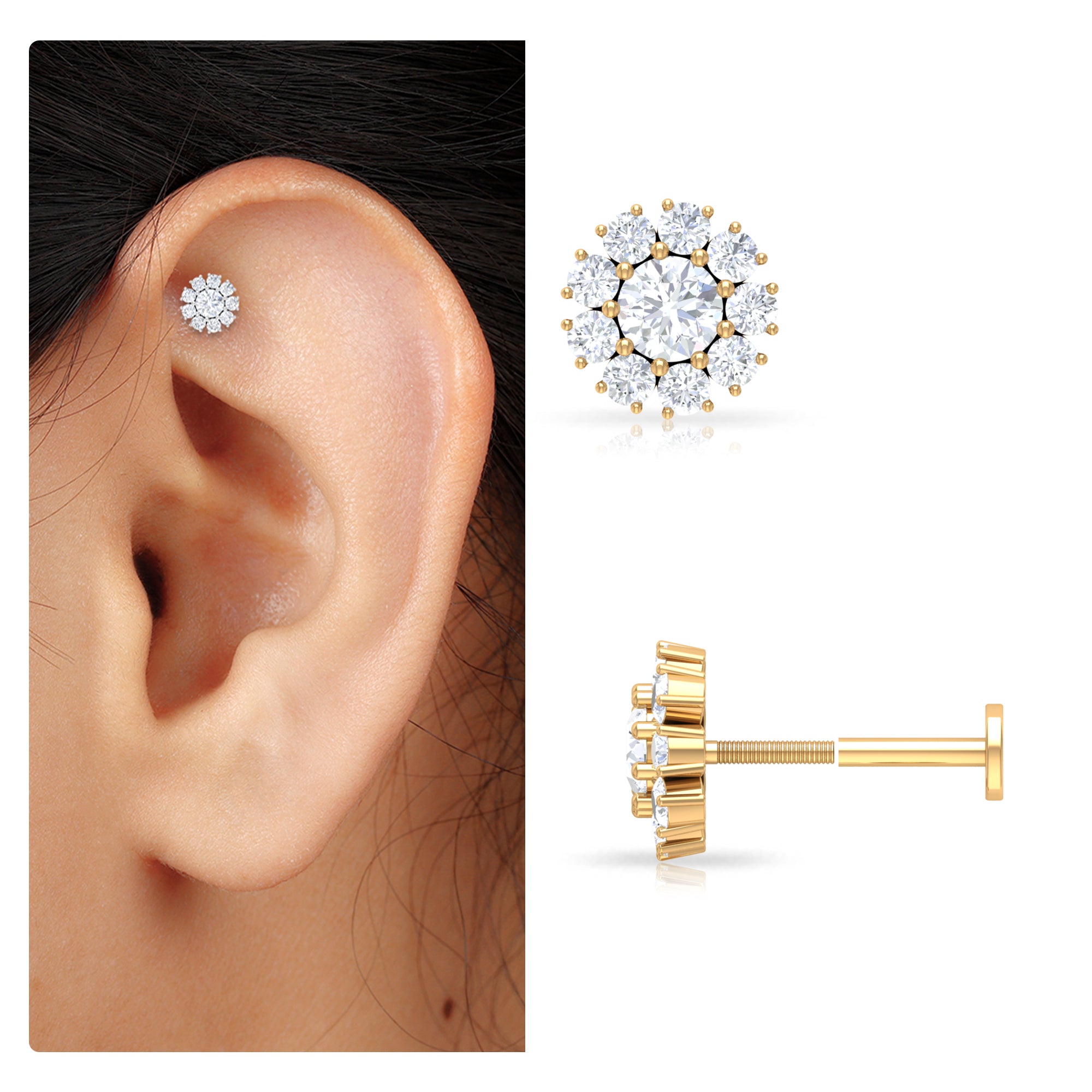 Round Moissanite Cluster Floral Cartilage Earring Moissanite - ( D-VS1 ) - Color and Clarity - Rosec Jewels
