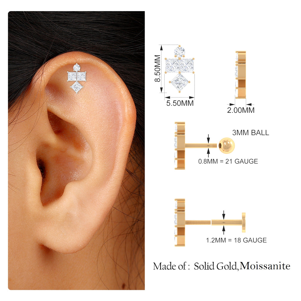 Round and Princess Cut Moissanite Cluster Helix Earring Moissanite - ( D-VS1 ) - Color and Clarity - Rosec Jewels
