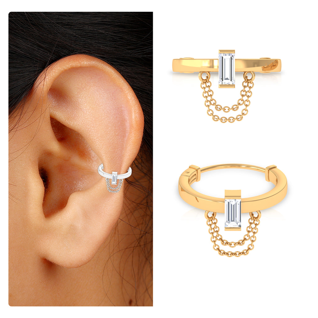 Baguette Moissanite Helix Hoop Earring with Dangle Chain Moissanite - ( D-VS1 ) - Color and Clarity - Rosec Jewels