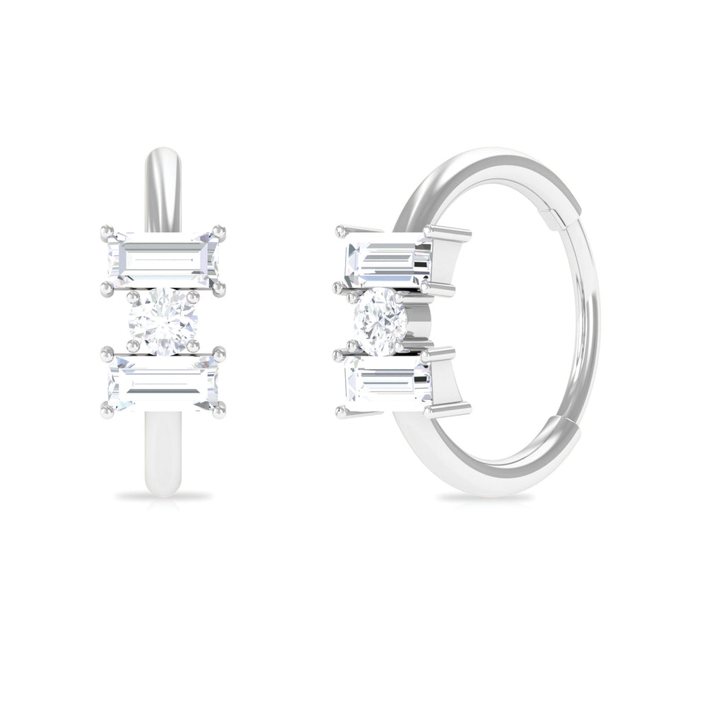 Classic Moissanite 3 Stone Hoop Earring for Conch Piercing Moissanite - ( D-VS1 ) - Color and Clarity - Rosec Jewels