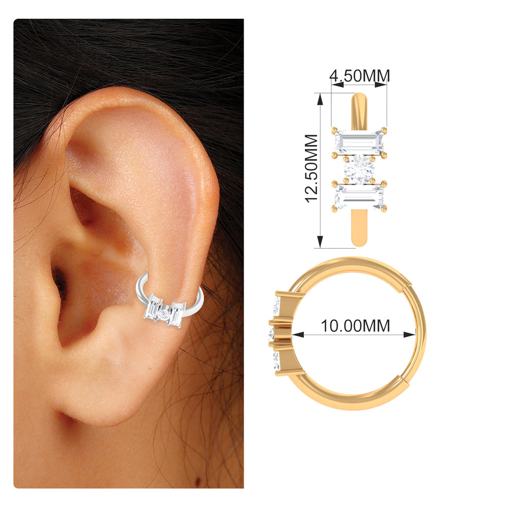 Classic Moissanite 3 Stone Hoop Earring for Conch Piercing Moissanite - ( D-VS1 ) - Color and Clarity - Rosec Jewels