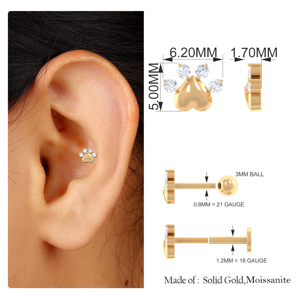 Round Moissanite Gold Heart Paw Earring for Helix Piercing Moissanite - ( D-VS1 ) - Color and Clarity - Rosec Jewels