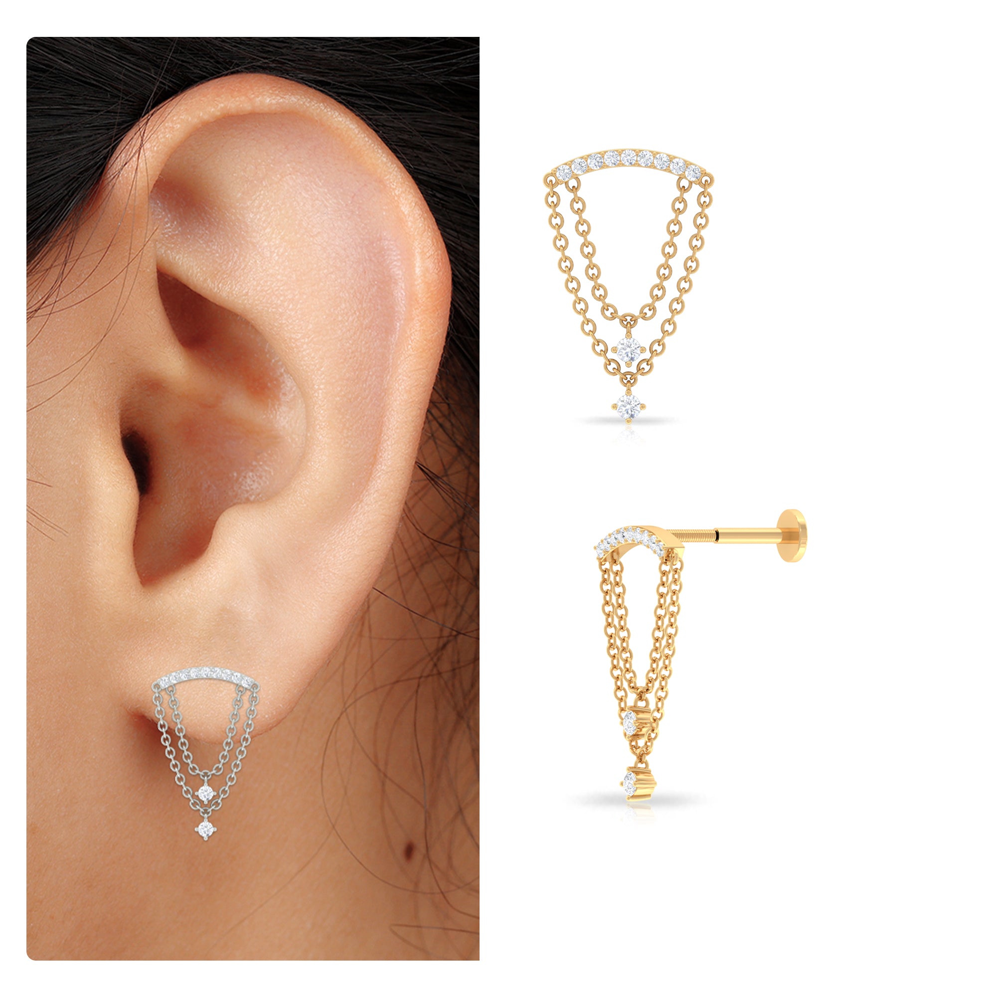 Moissanite Double Chain Dangling Earring for Cartilage Piercing Moissanite - ( D-VS1 ) - Color and Clarity - Rosec Jewels
