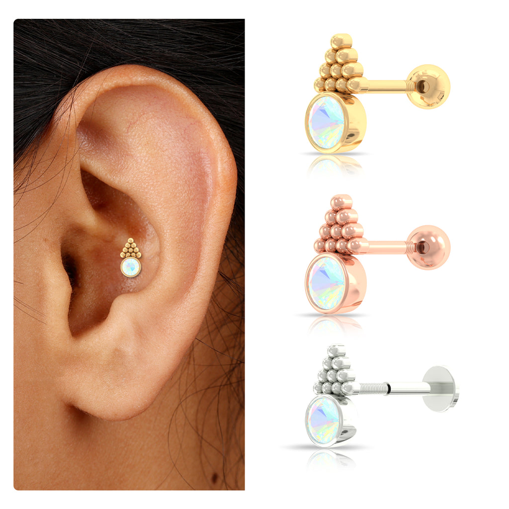 Bezel Set Ethiopian Opal Conch Stud Earring with Beaded Gold Ethiopian Opal - ( AAA ) - Quality - Rosec Jewels