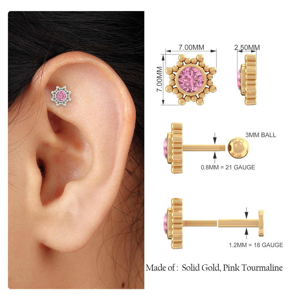 Real Pink Tourmaline Solitaire Rook Earring with Gold Beaded Pink Tourmaline - ( AAA ) - Quality - Rosec Jewels