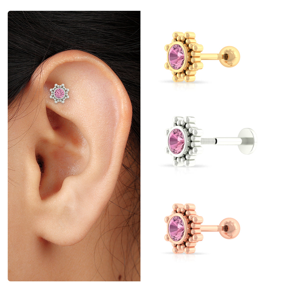 Real Pink Tourmaline Solitaire Rook Earring with Gold Beaded Pink Tourmaline - ( AAA ) - Quality - Rosec Jewels