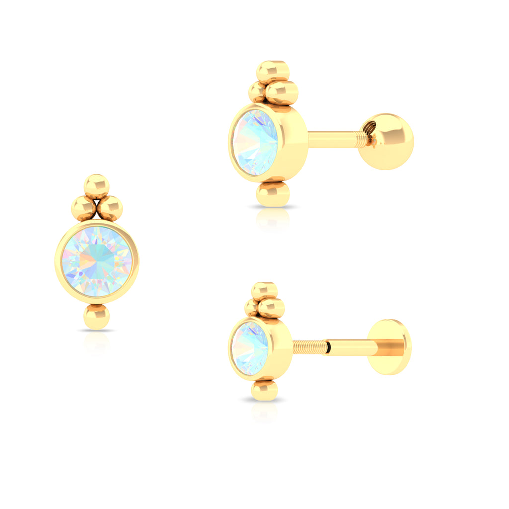 Bezel Set Ethiopian Opal Tragus Earring with Beaded Gold Ethiopian Opal - ( AAA ) - Quality - Rosec Jewels