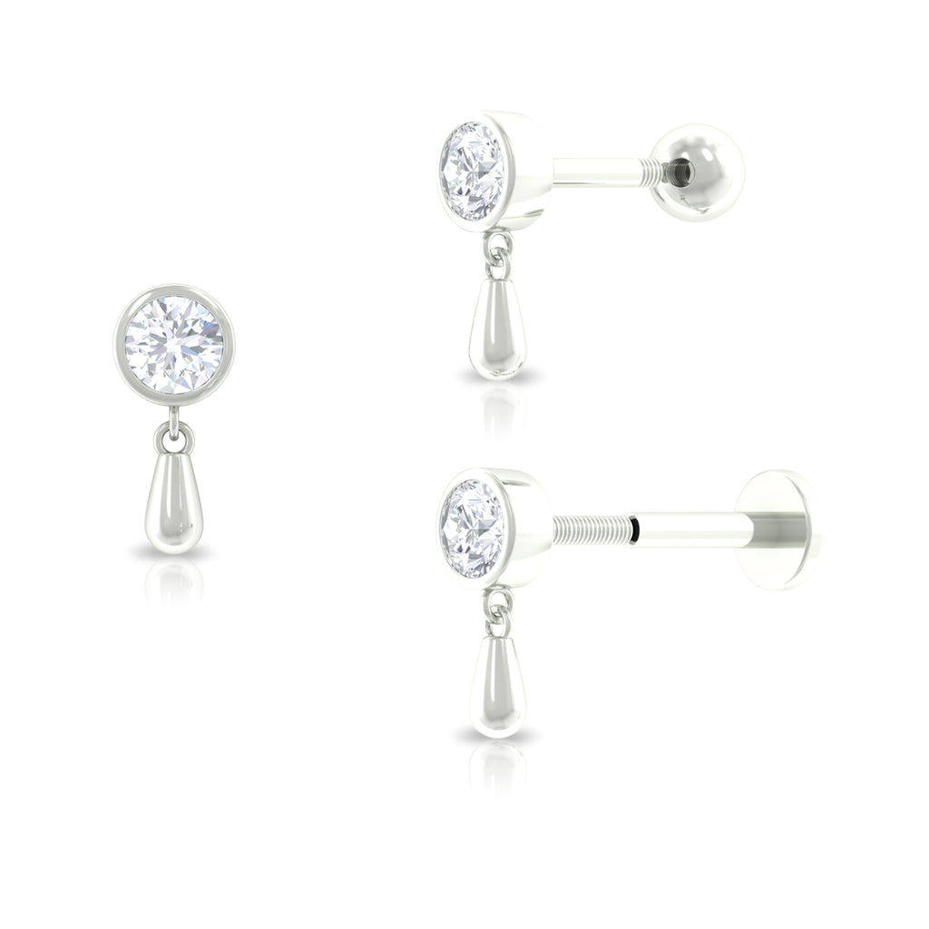 Bezel Set Round Cut Moissanite Helix Drop Earring in Gold Moissanite - ( D-VS1 ) - Color and Clarity - Rosec Jewels