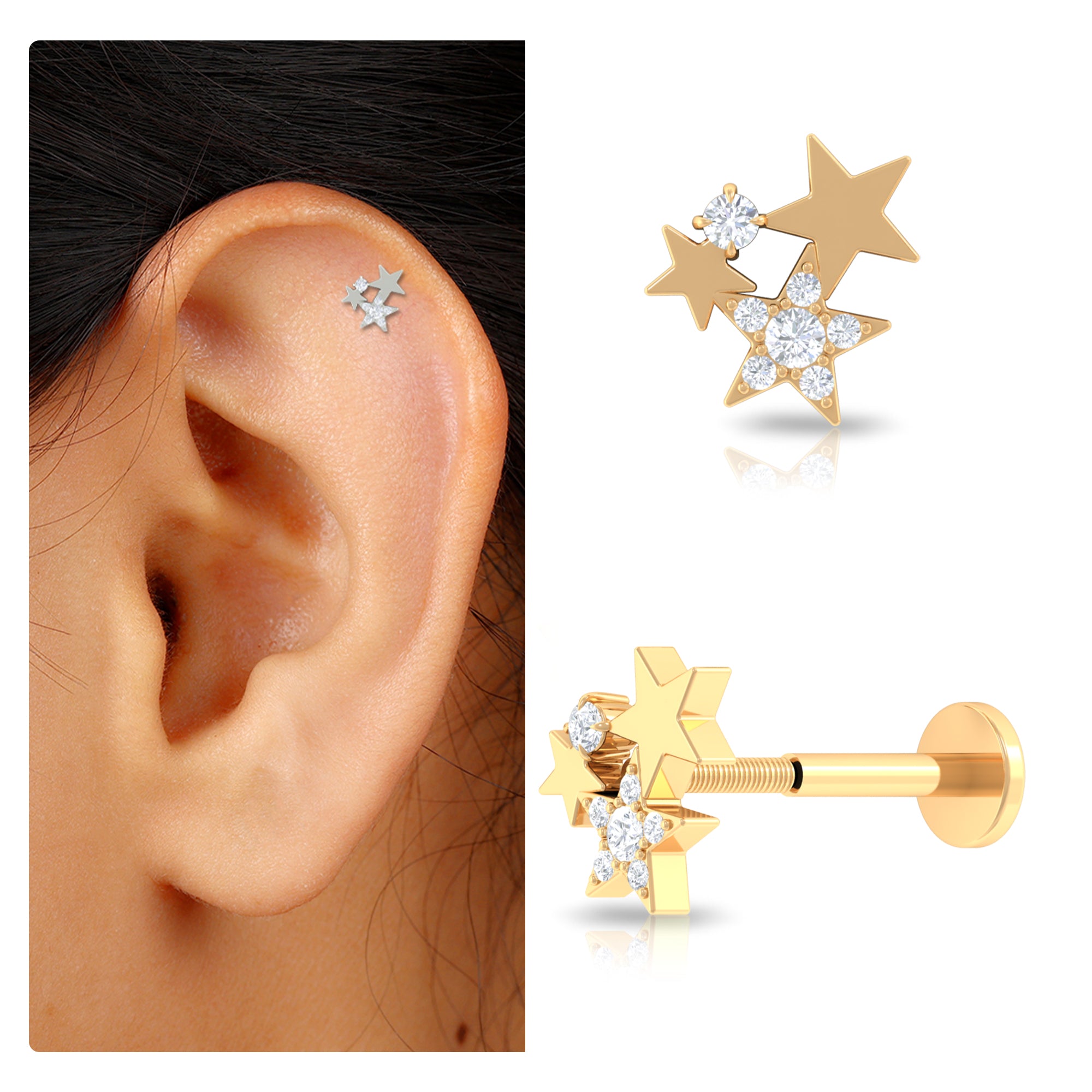 Round Cut Natural Diamond Gold Star Cartilage Earring Diamond - ( HI-SI ) - Color and Clarity - Rosec Jewels
