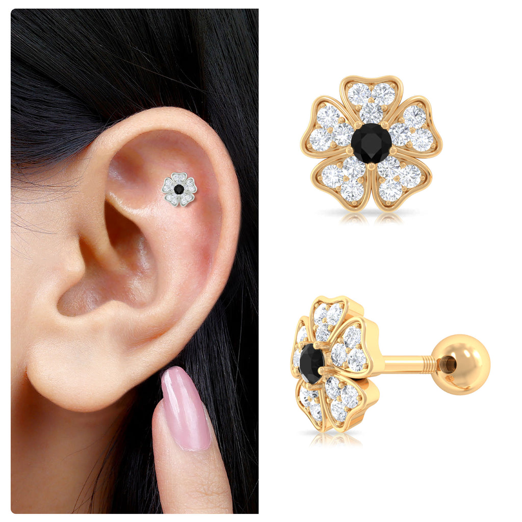 1/4 CT Black Diamond and Moissanite Flower Helix Earring in Gold Black Diamond - ( AAA ) - Quality - Rosec Jewels
