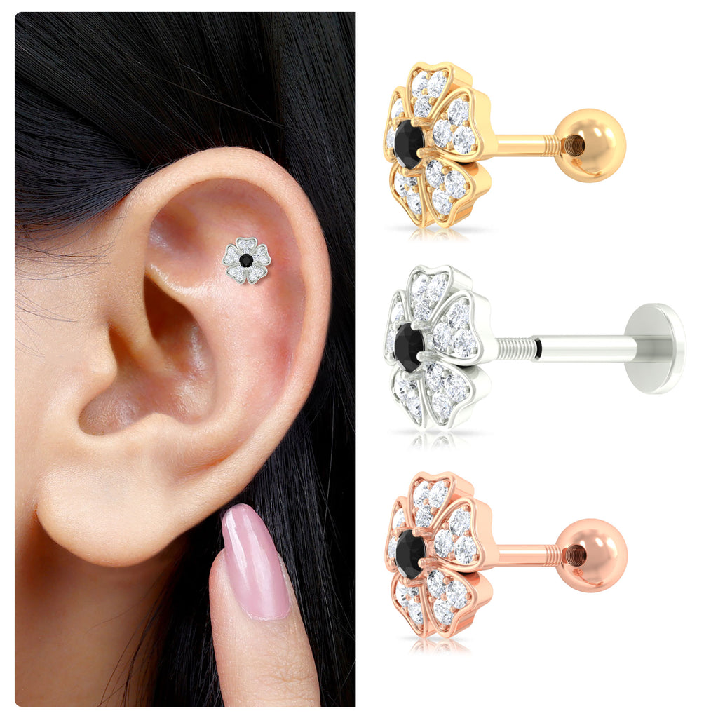 1/4 CT Black Diamond and Moissanite Flower Helix Earring in Gold Black Diamond - ( AAA ) - Quality - Rosec Jewels