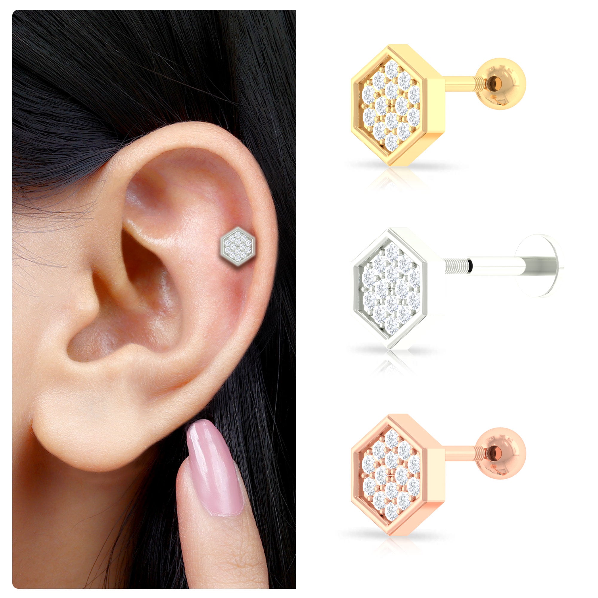 Vintage Inspired Moissanite Hexagon Rook Earring in Gold Moissanite - ( D-VS1 ) - Color and Clarity - Rosec Jewels