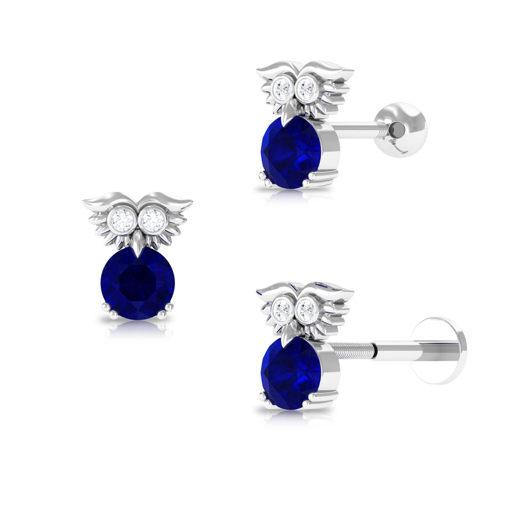 Blue Sapphire and Moissanite Owl Helix Earring Blue Sapphire - ( AAA ) - Quality - Rosec Jewels