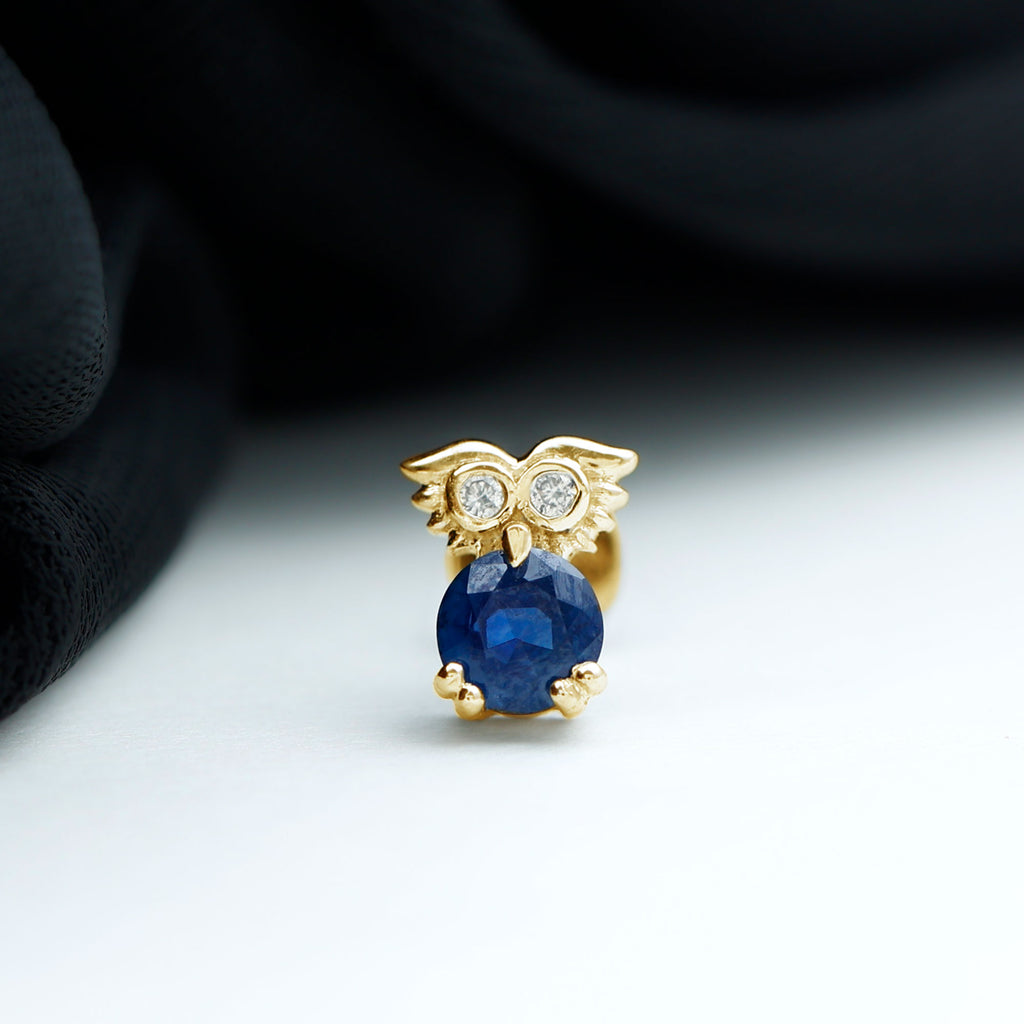 Blue Sapphire and Moissanite Owl Helix Earring Blue Sapphire - ( AAA ) - Quality - Rosec Jewels