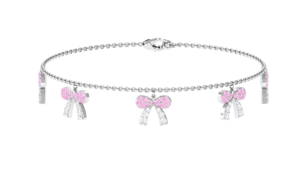 Pink Sapphire and Moissanite Bow Charm Bracelet Pink Sapphire - ( AAA ) - Quality - Rosec Jewels